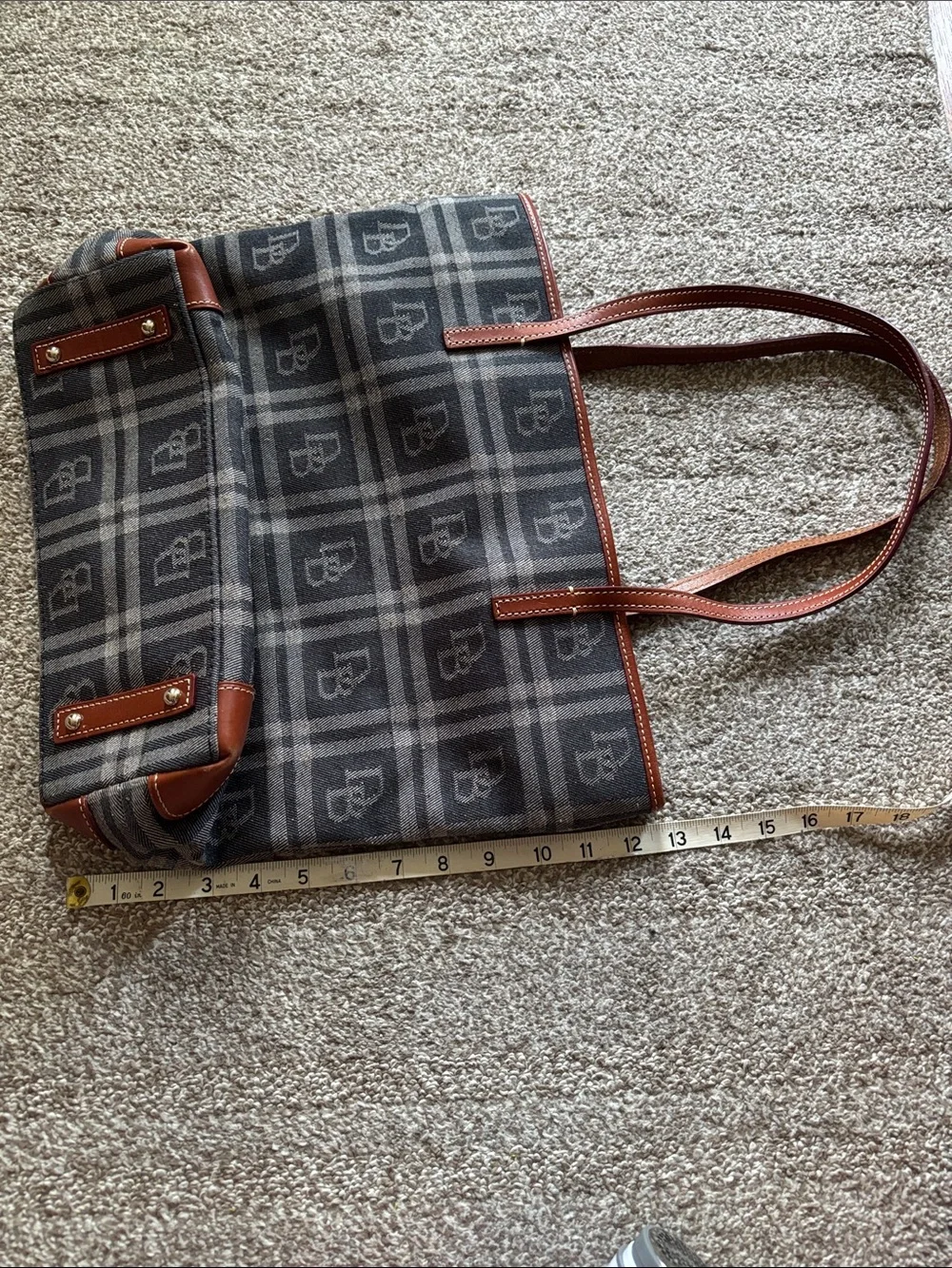 Dooney & Bourke Gray Plaid Canvas Tote with Brown Leather Trim